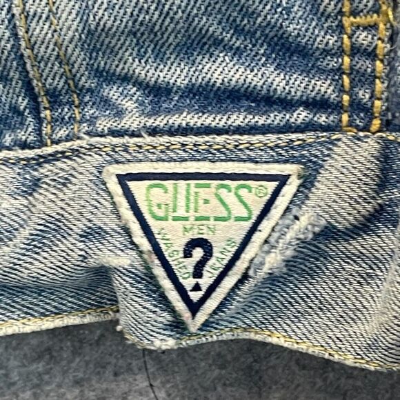 Vintage GUESS BY MARCIANO Jean Jacket Men's Large Blue Trashed Trucker Style - Picture 11 of 15